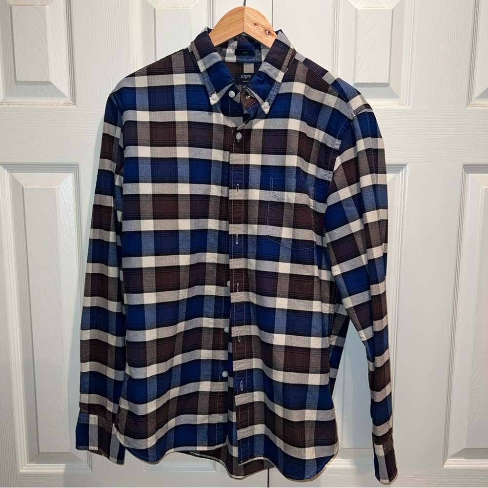 J. Crew Factory Blue and Brown Plaid Casual Button Down Shirt